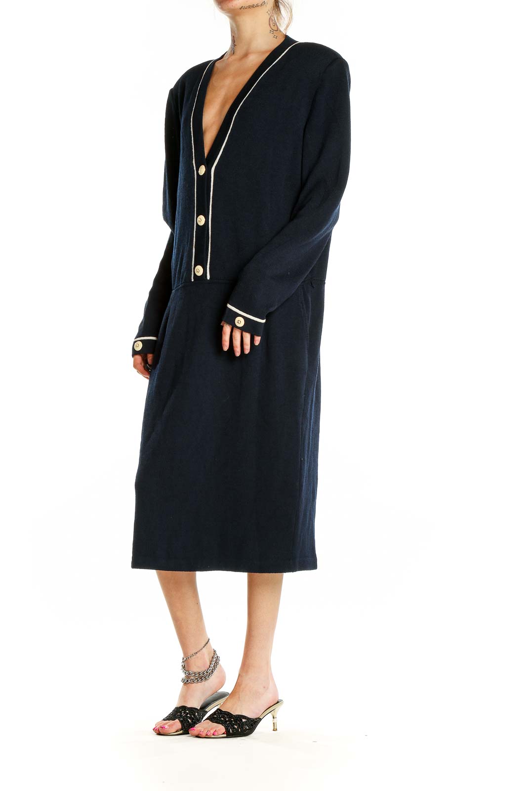 Front view of St. John navy midi dress with button-front and white piping