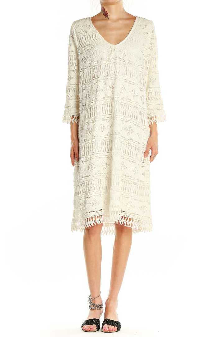 Front view of ivory lace crochet midi dress by violeta by MANGO