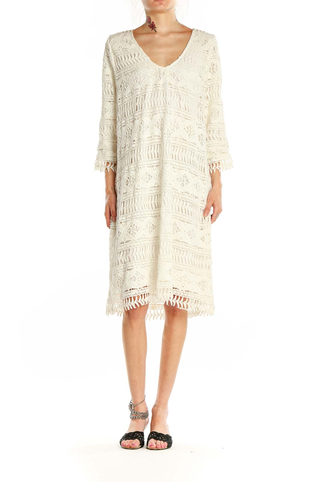 Front view of ivory lace crochet midi dress by violeta by MANGO