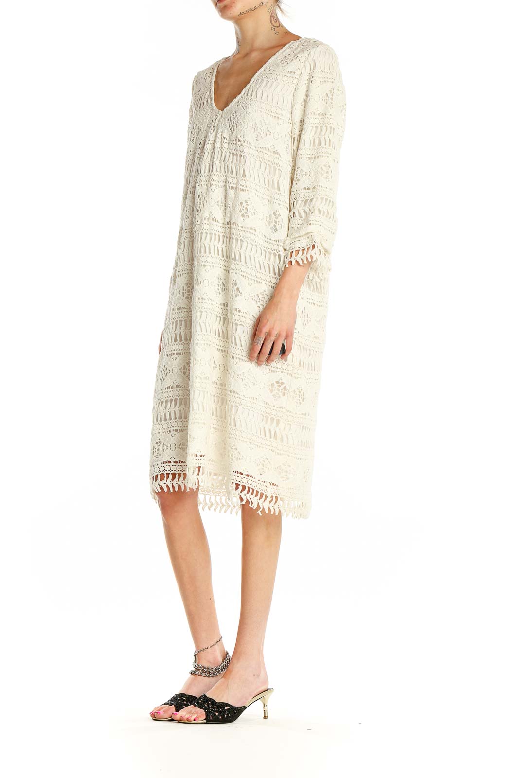 Front view of ivory lace crochet midi dress by violeta by MANGO