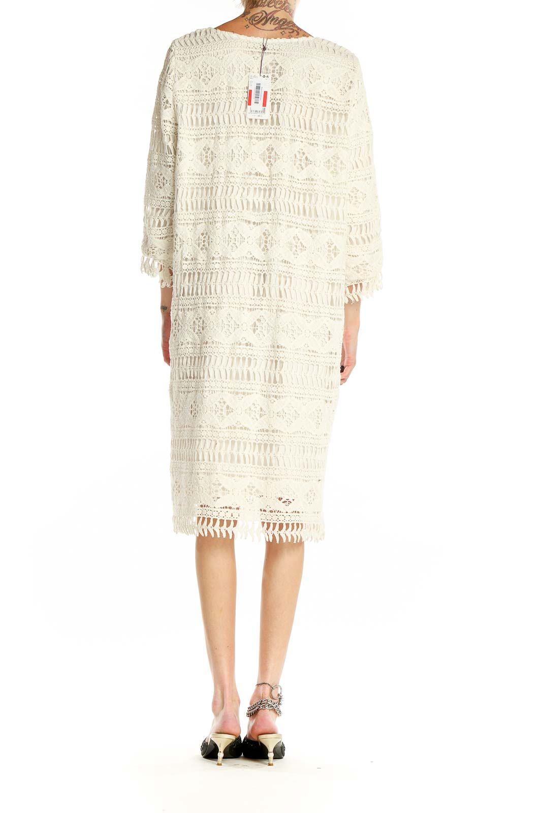 Back view of ivory lace crochet midi dress by violeta by MANGO