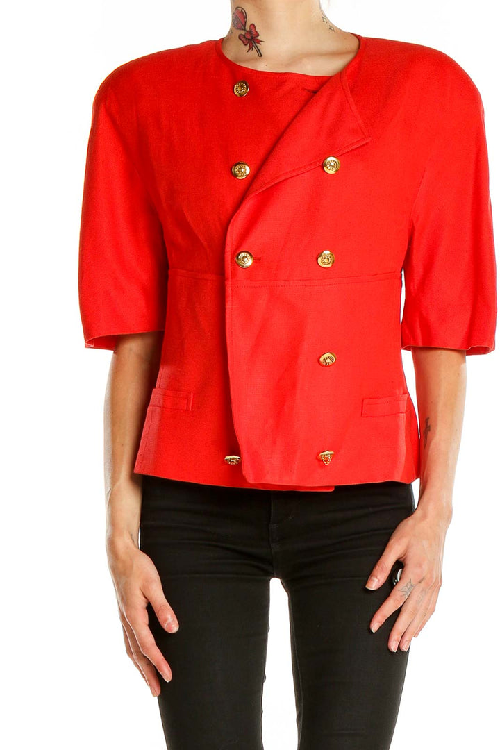 Front view of red Louis Feraud cropped jacket with gold buttons