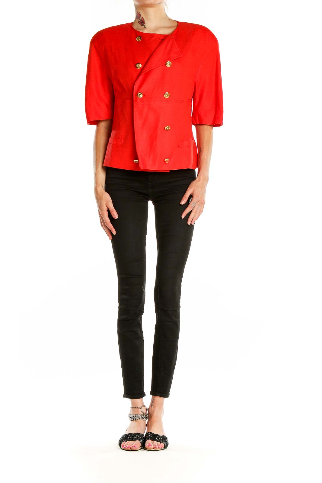 Front view of red Louis Feraud cropped jacket with gold buttons