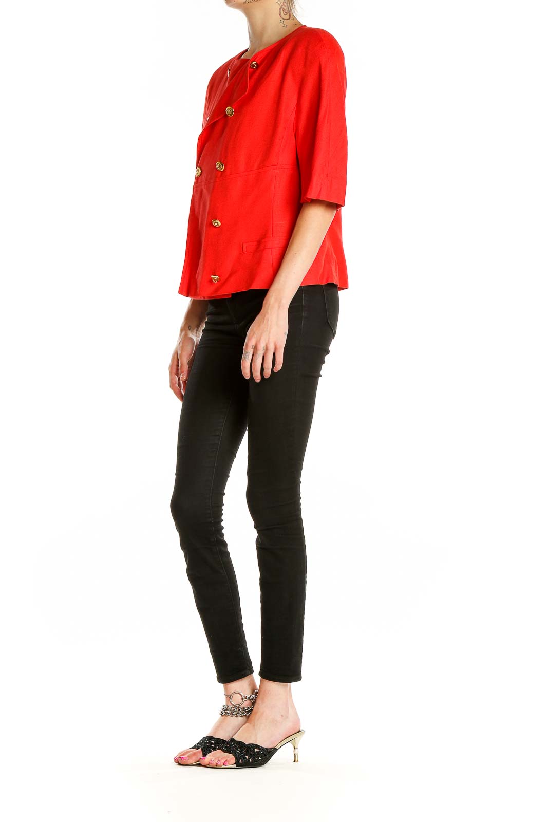 Front view of red Louis Feraud cropped jacket with gold buttons