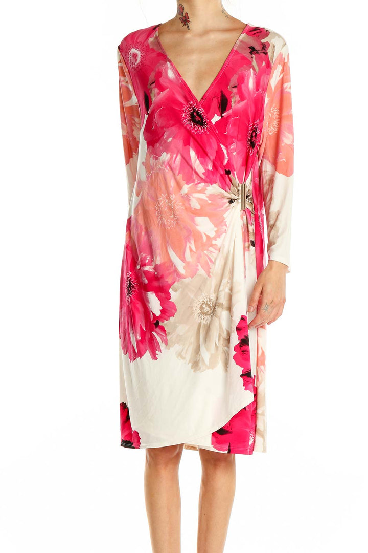 Front view of Calvin Klein pink floral wrap midi dress