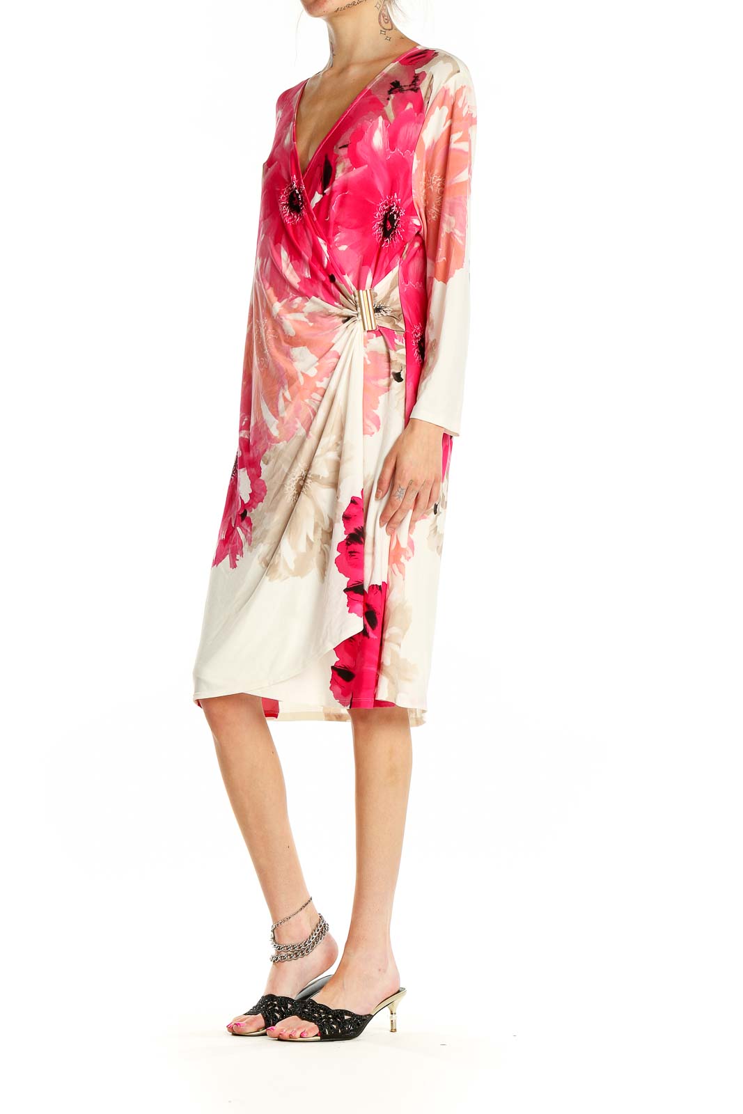 Front view of Calvin Klein pink floral wrap midi dress