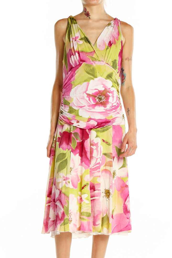 Front view of Karen Kane Pink Floral Sleeveless Midi Dress with V-neckline and gathered waist