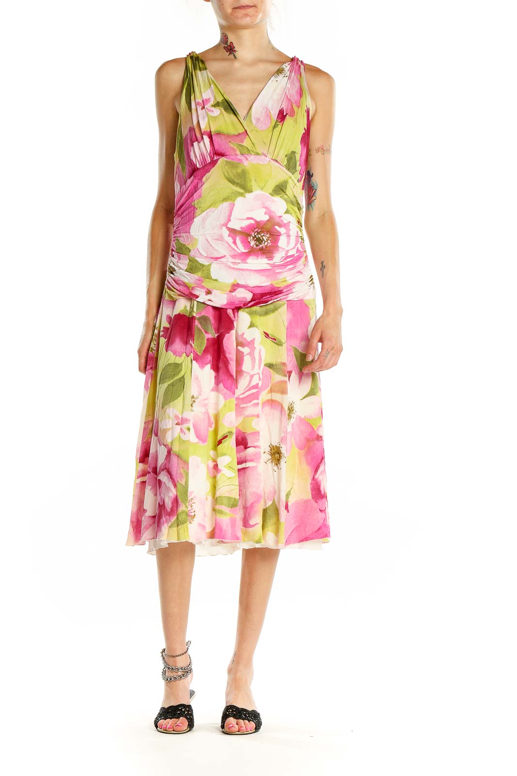 Front view of Karen Kane Pink Floral Sleeveless Midi Dress with V-neckline and gathered waist