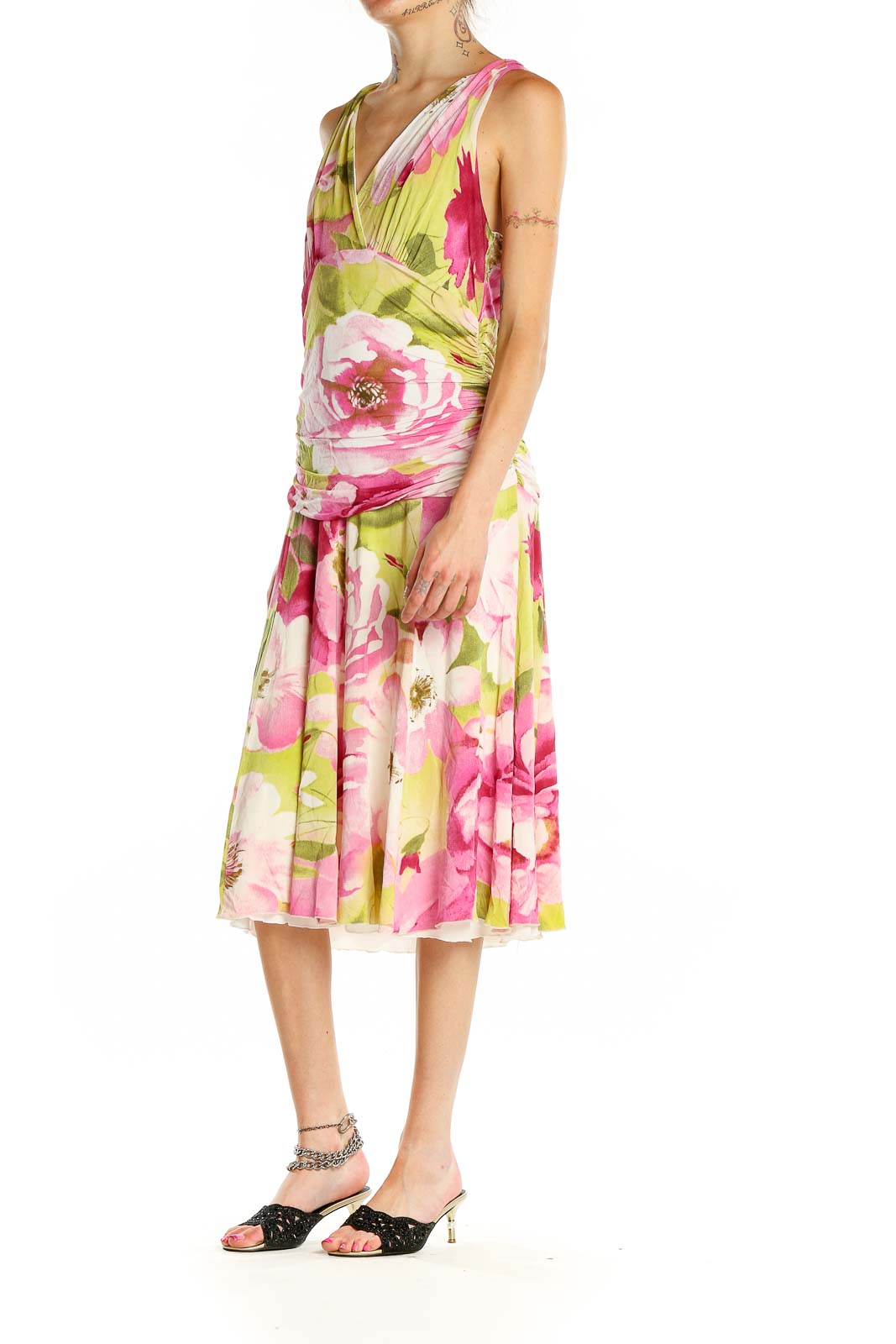 Front view of Karen Kane Pink Floral Sleeveless Midi Dress with V-neckline and gathered waist