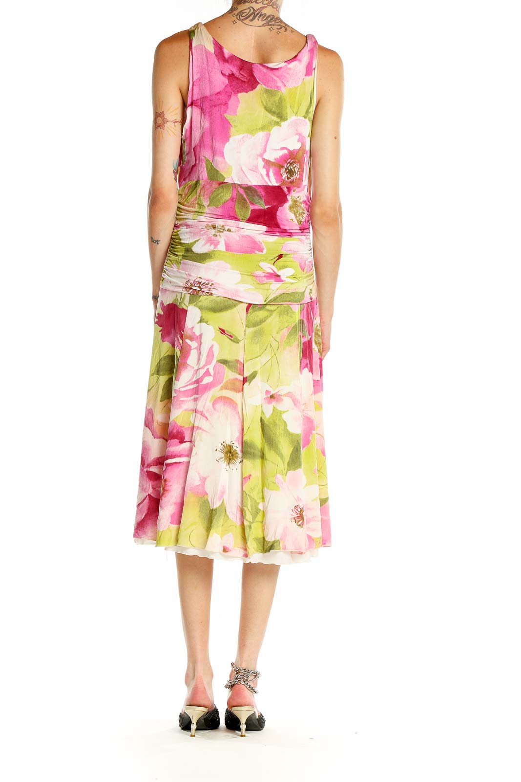 Side view of Karen Kane Pink Floral Sleeveless Midi Dress showing flared skirt and wrap-style bodice