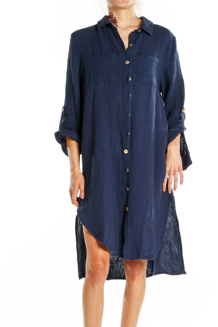 Front view of navy button-down shirt dress by 4our Dreamers