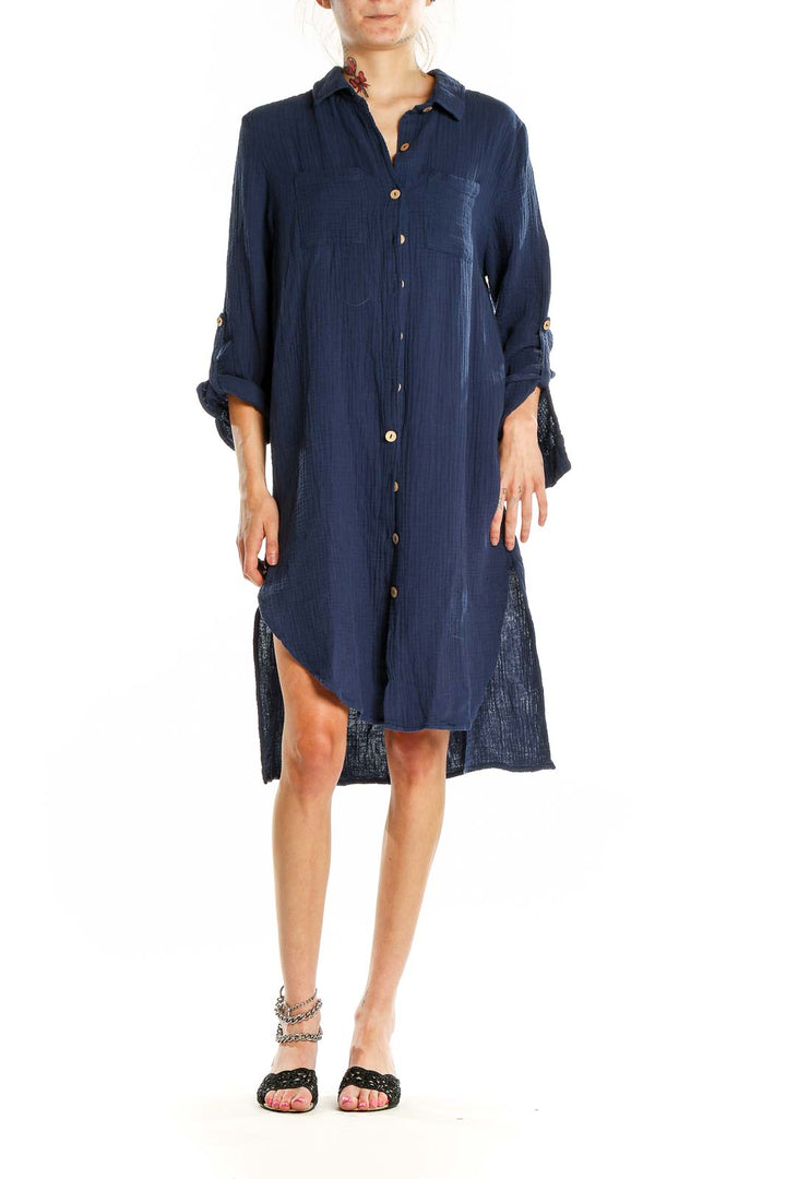 Front view of navy button-down shirt dress by 4our Dreamers