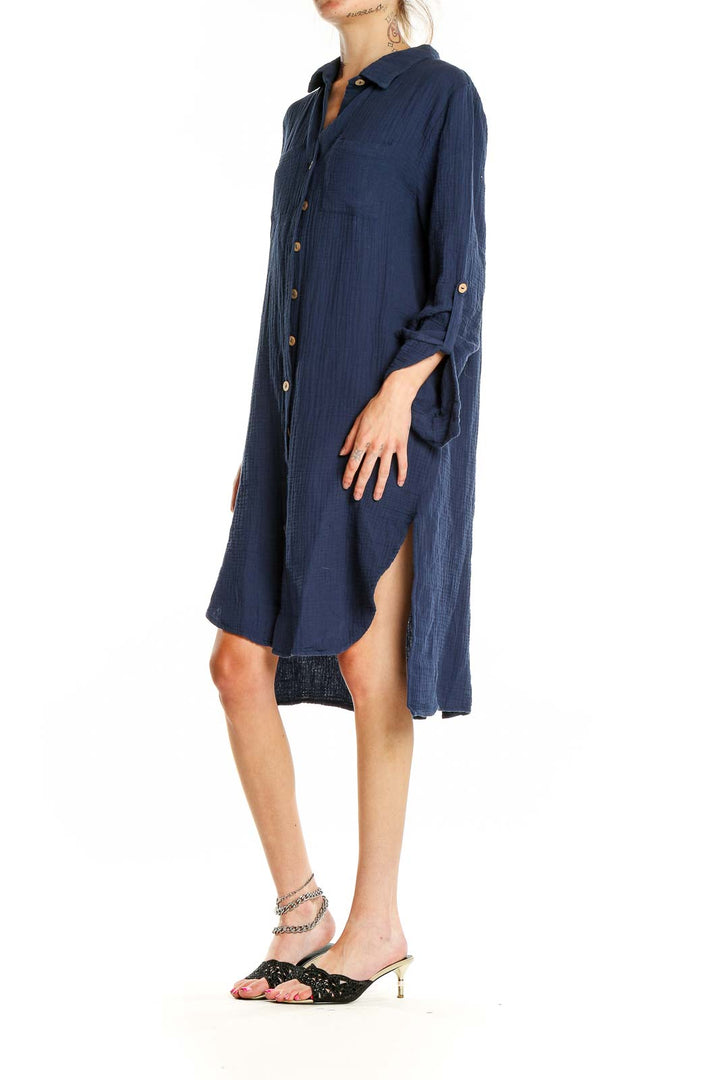 Front view of navy button-down shirt dress by 4our Dreamers