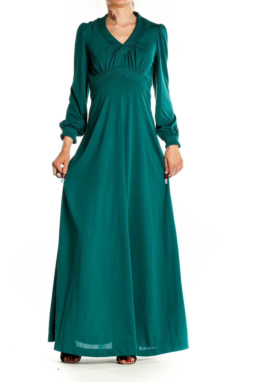 Green Long Sleeve Retro Column Dress