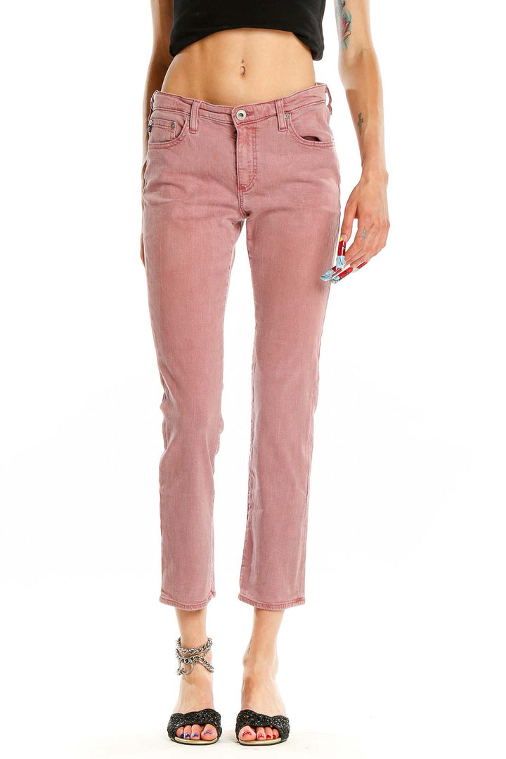 Front view of Adriano Goldschmied pink cropped straight leg jeans