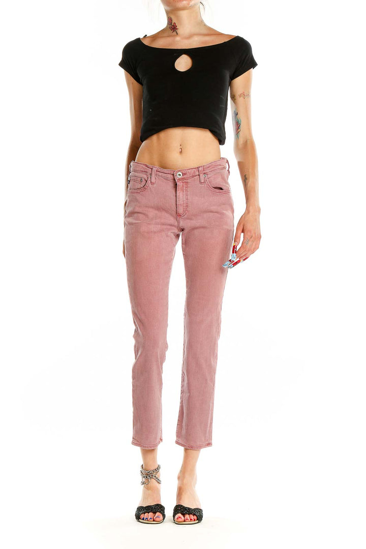 Front view of Adriano Goldschmied pink cropped straight leg jeans