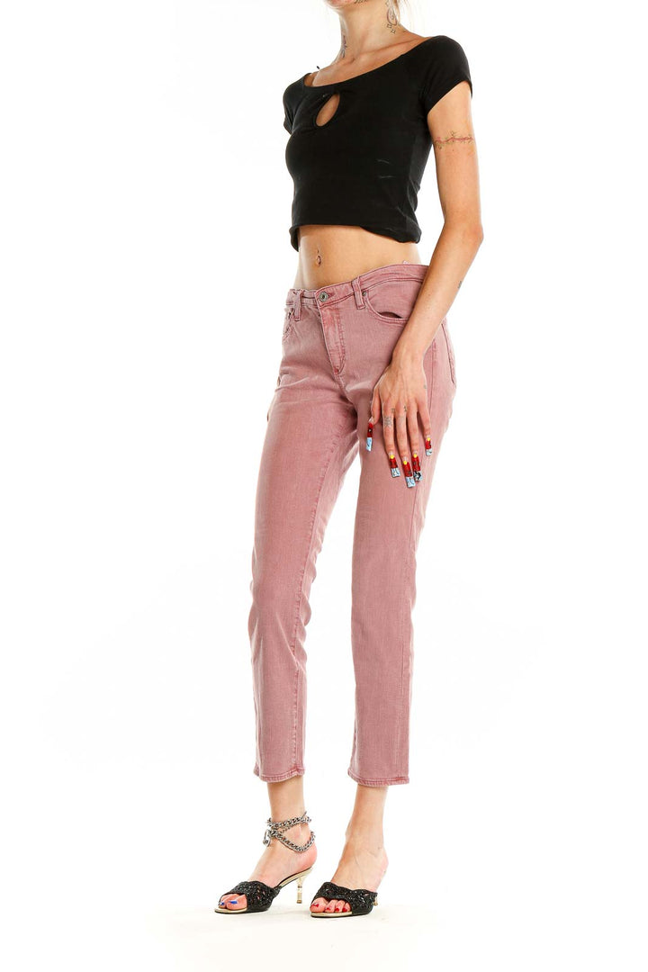 Front view of Adriano Goldschmied pink cropped straight leg jeans