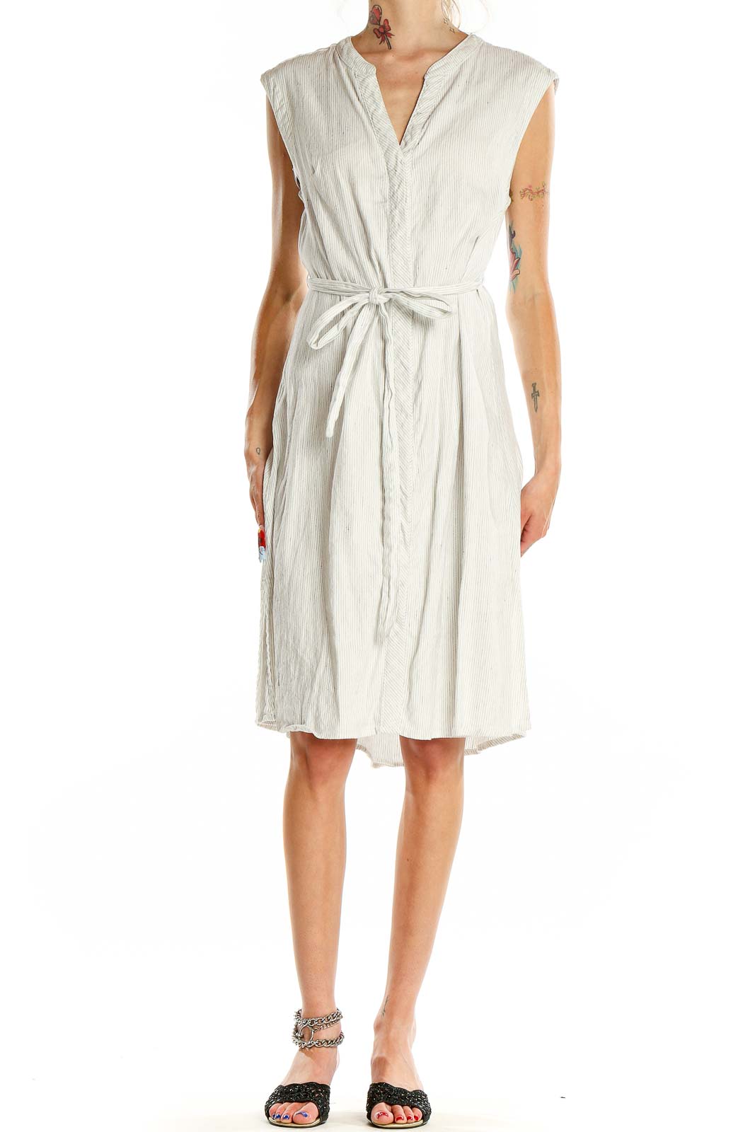 Front view of white sleeveless wrap midi dress by Tahari