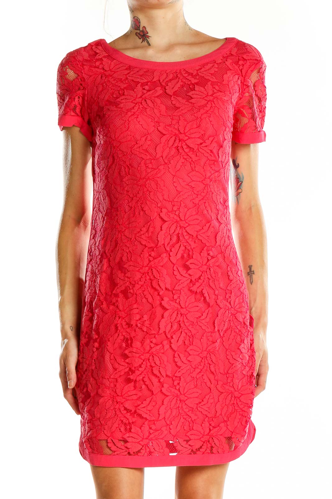 Front view of red floral lace short sleeve dress by Donna Morgan