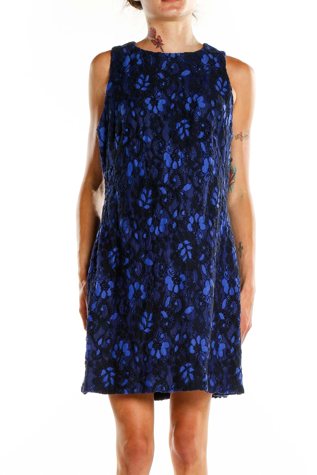 Front view of Lauren Ralph Lauren blue floral lace sleeveless dress