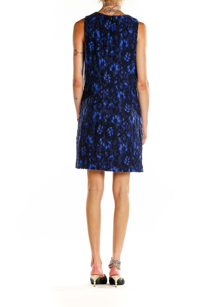 Back view of Lauren Ralph Lauren blue floral lace sleeveless dress