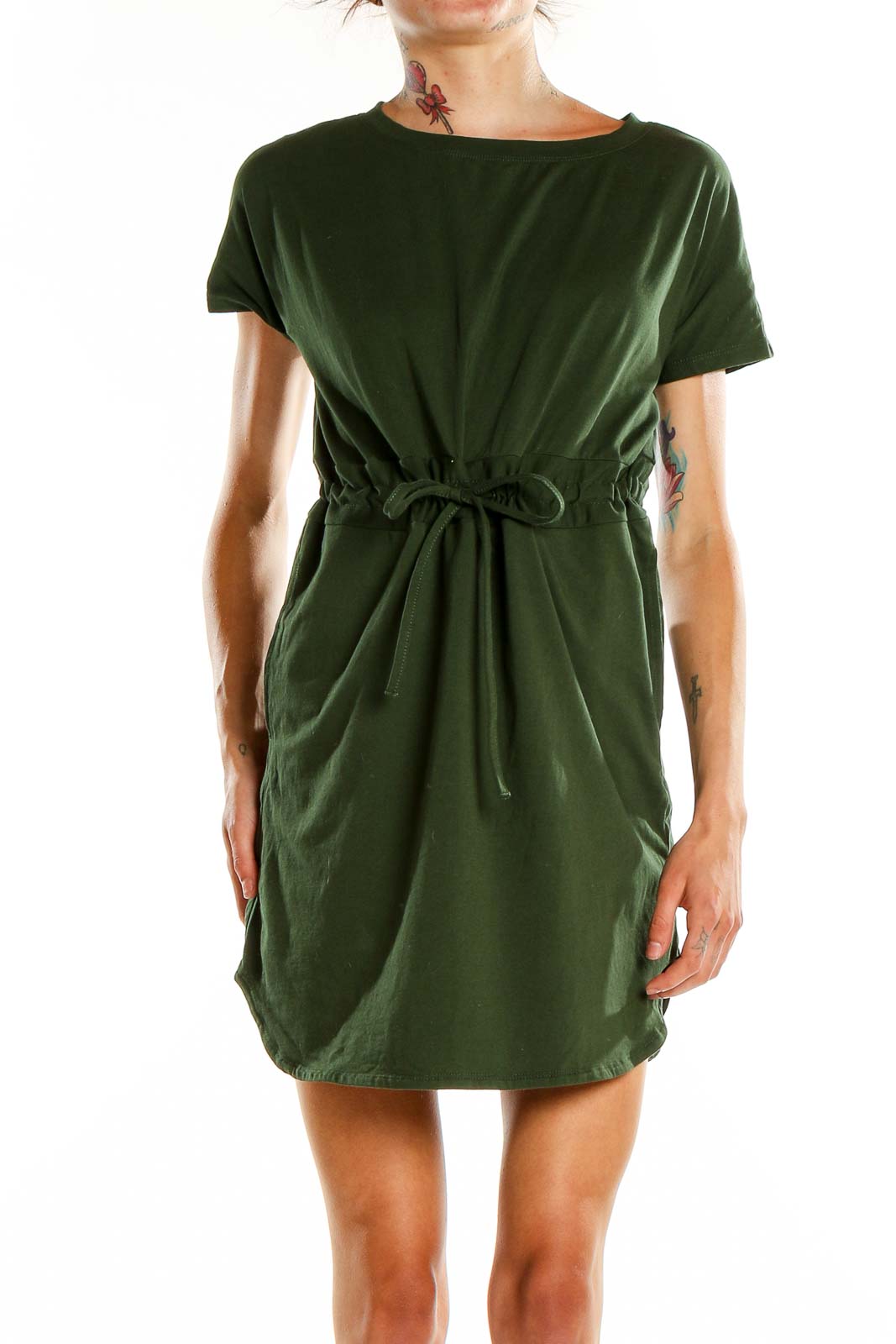 Front view of Vitality green t-shirt dress with drawstring waist