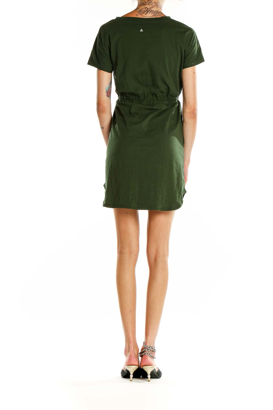 Back view of Vitality green t-shirt dress showing relaxed fit