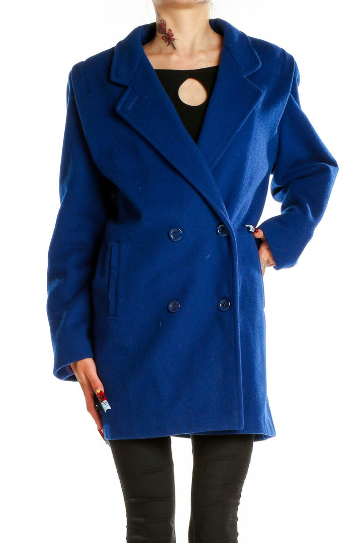 Front view of royal blue double-breasted coat from Forecaster of Boston