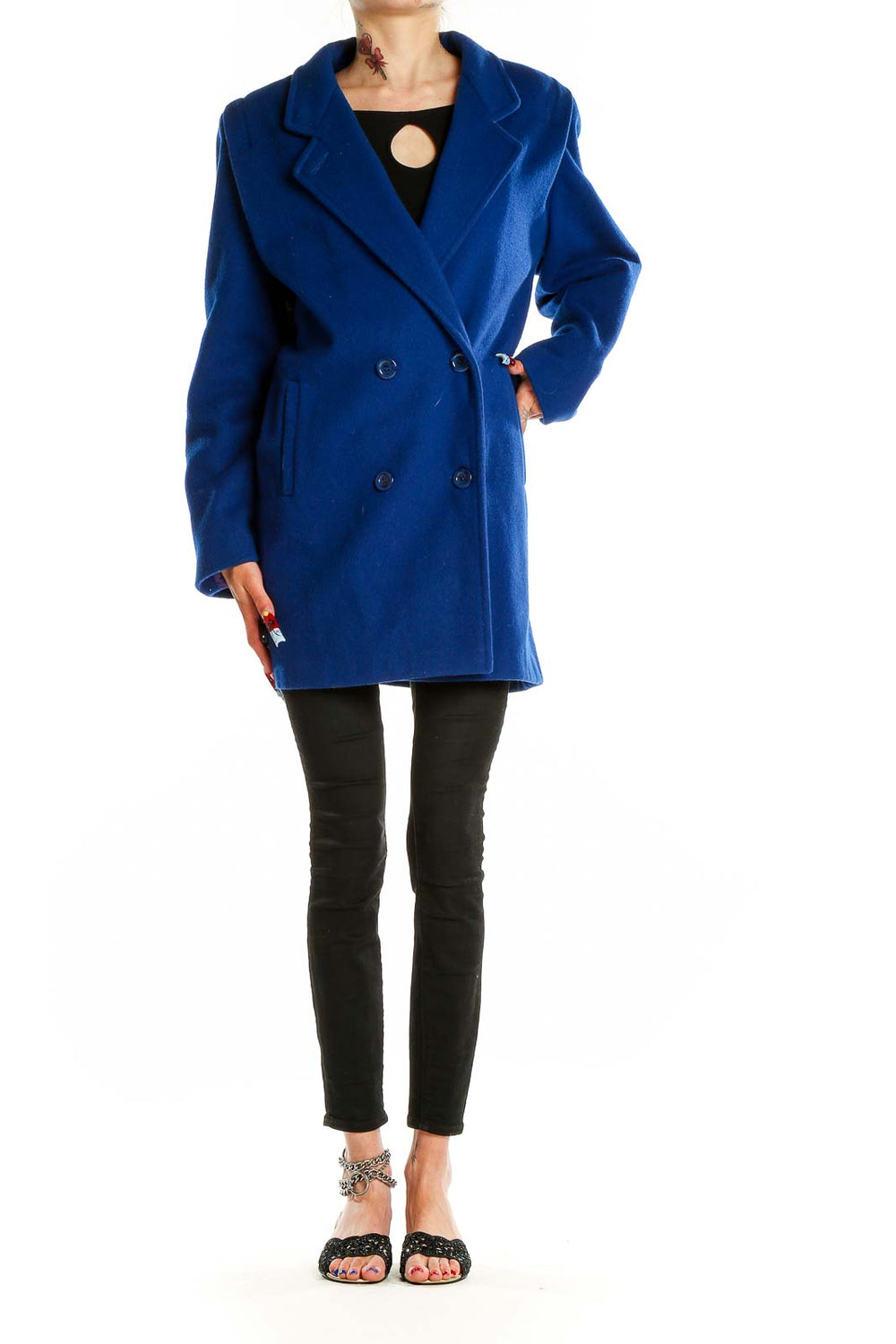 Front view of royal blue double-breasted coat from Forecaster of Boston