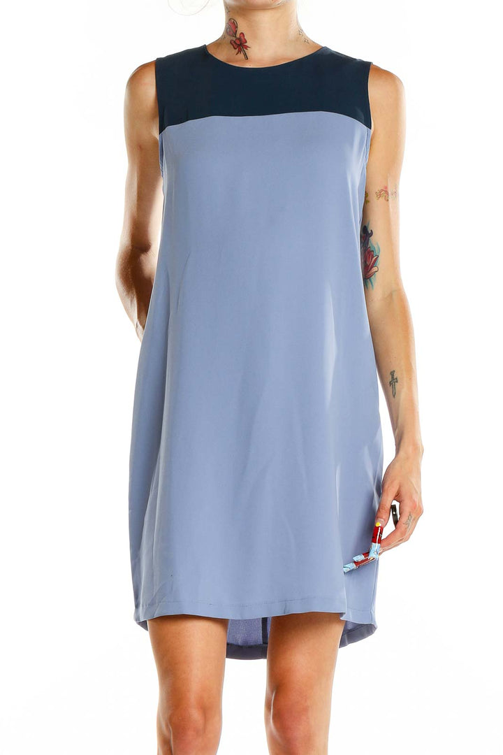 Front view of Cynthia Rowley blue color block sleeveless shift dress