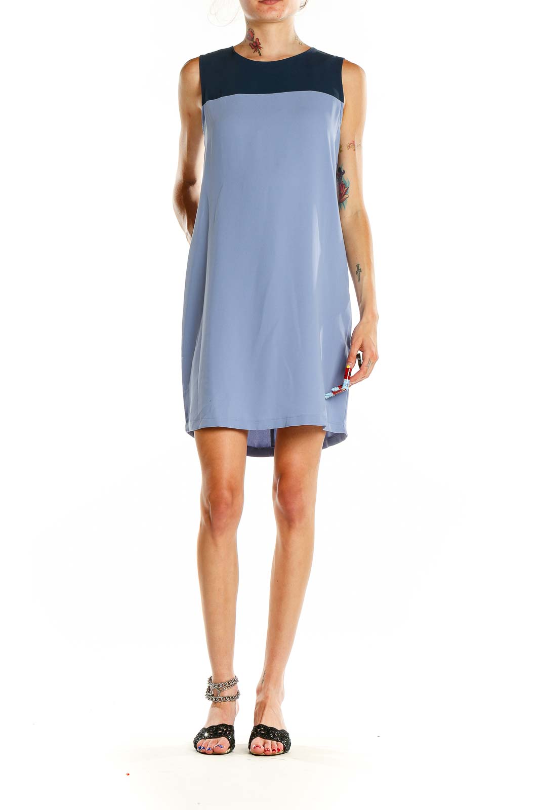 Front view of Cynthia Rowley blue color block sleeveless shift dress