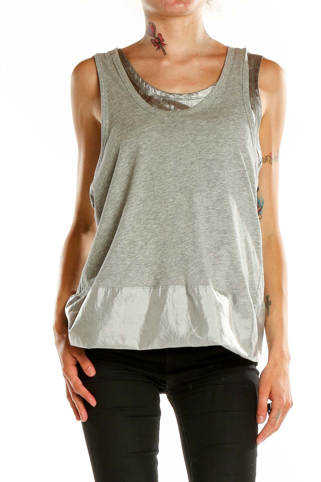 Front view of Marc By Marc Jacobs gray tank top with metallic trim