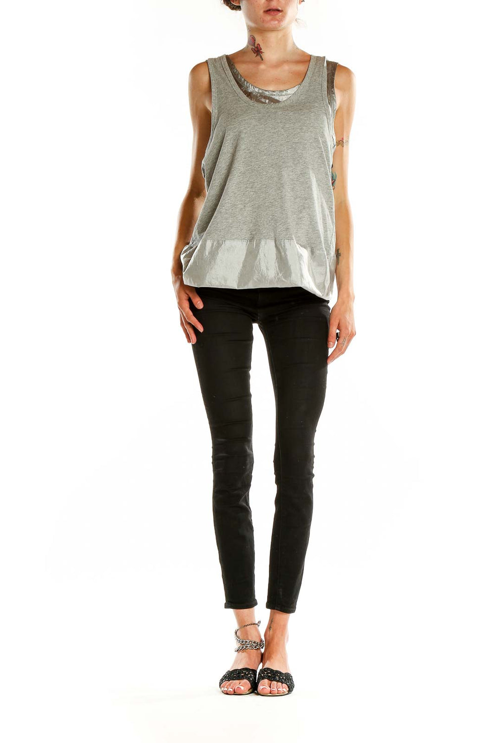 Front view of Marc By Marc Jacobs gray tank top with metallic trim