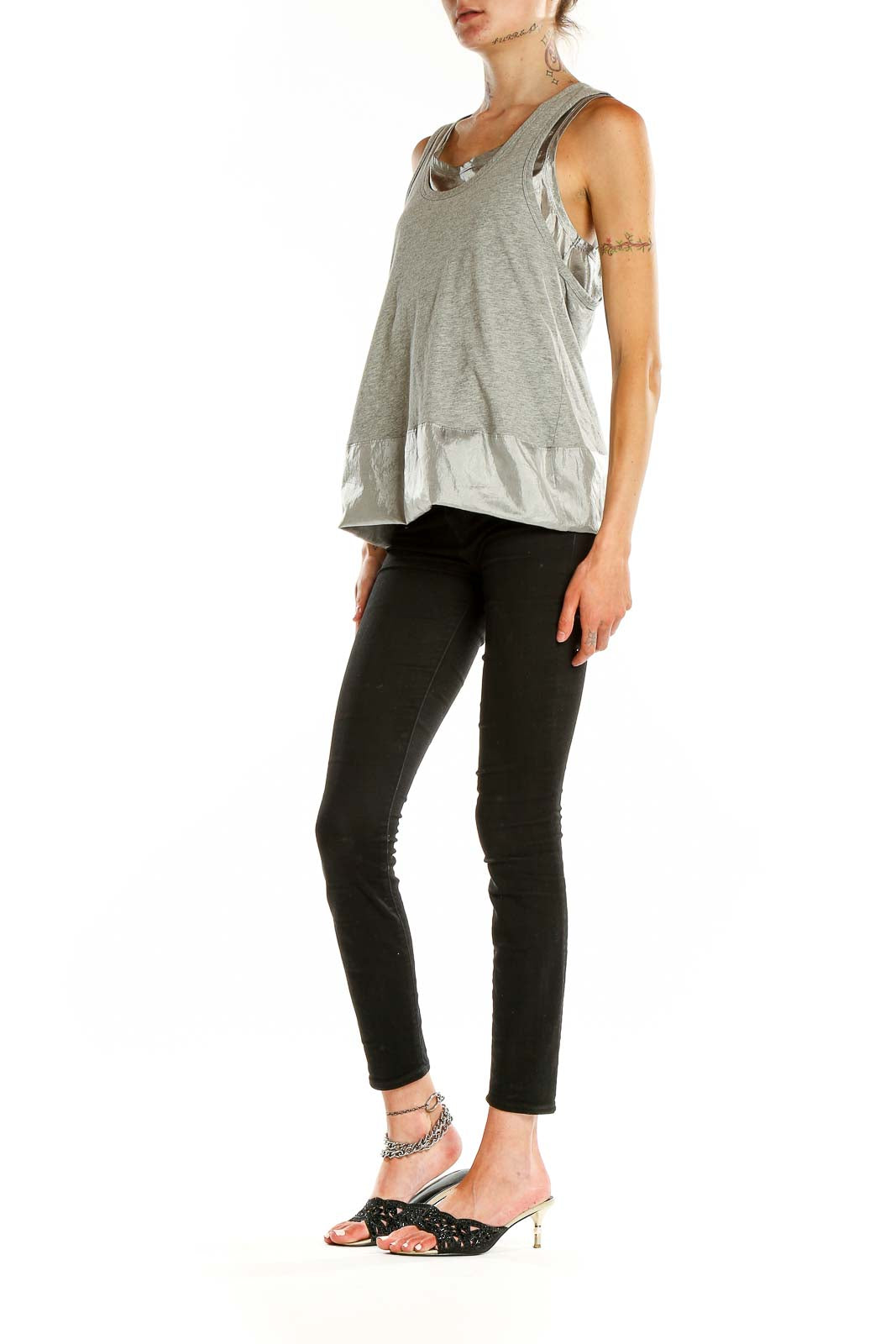 Front view of Marc By Marc Jacobs gray tank top with metallic trim