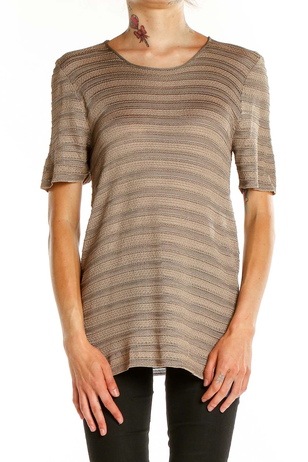 Front view of Giorgio Armani taupe striped short-sleeve knit top