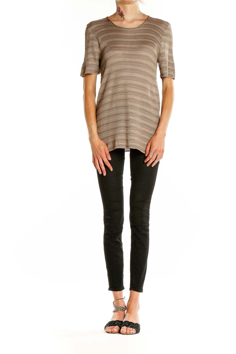 Front view of Giorgio Armani taupe striped short-sleeve knit top