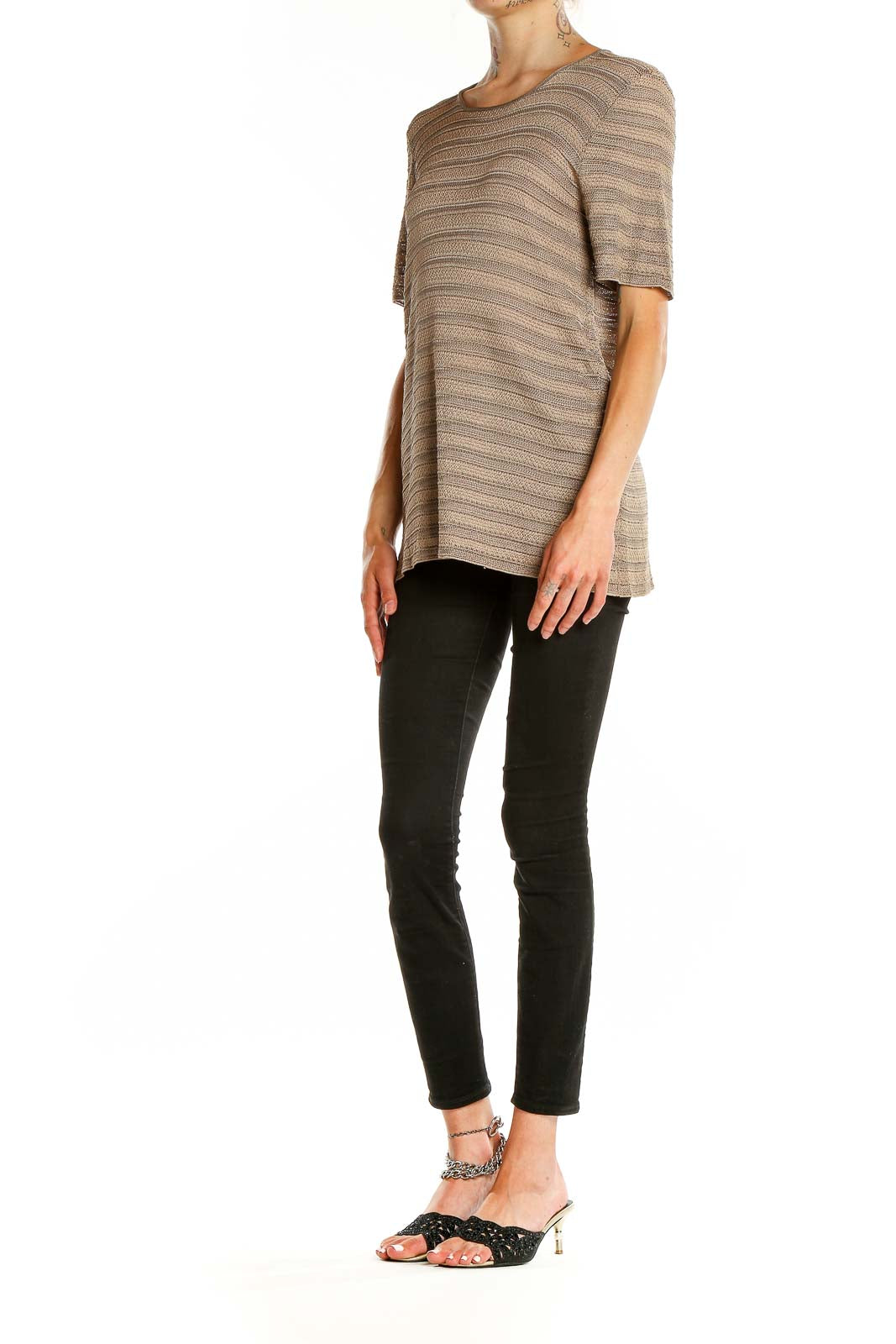 Front view of Giorgio Armani taupe striped short-sleeve knit top