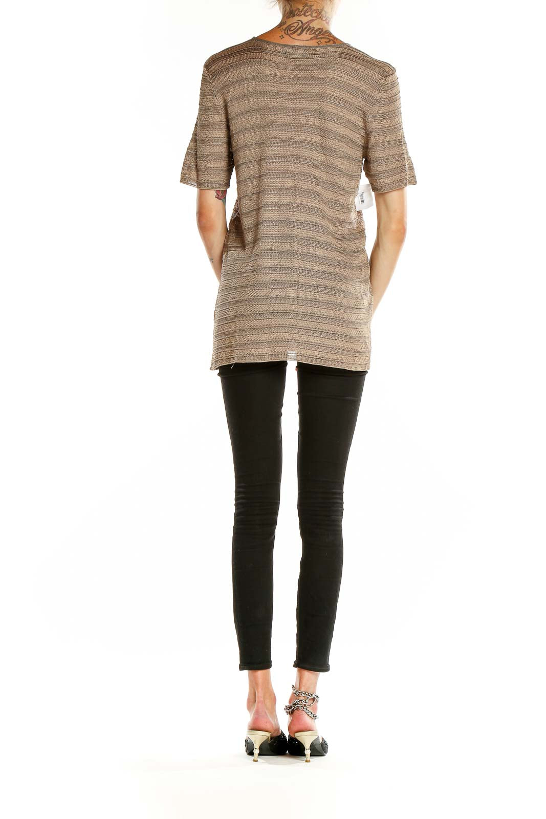 Back view of Giorgio Armani taupe striped short-sleeve knit top