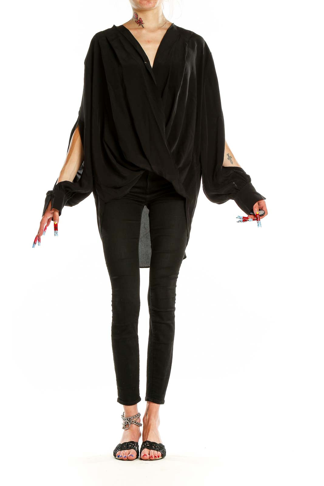 Front view of 7 For All Mankind black draped wrap blouse with V-neck and crossover design