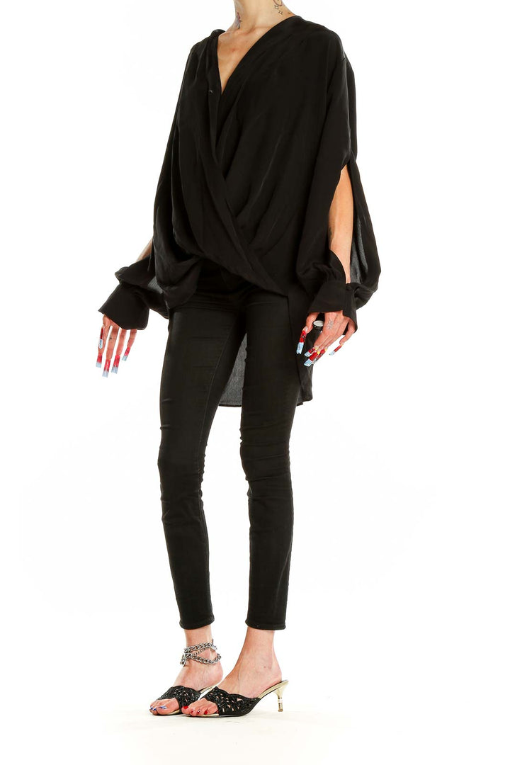 Front view of 7 For All Mankind black draped wrap blouse with V-neck and crossover design