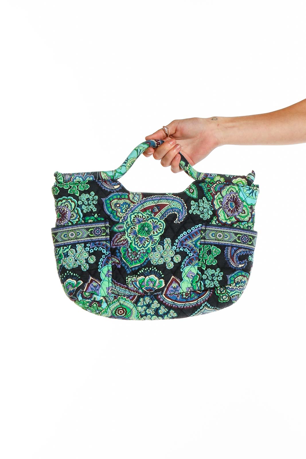 Front view of Vera Bradley green paisley quilted tote bag