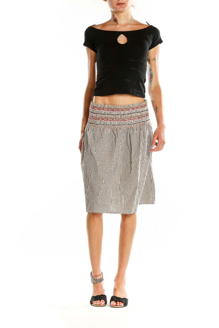 Front view of The Great gray striped skirt with smocked waistband