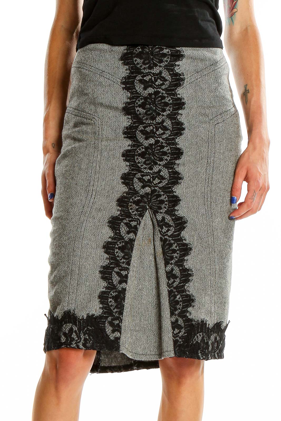 Front view of Karen Millen gray pencil skirt with black lace trim