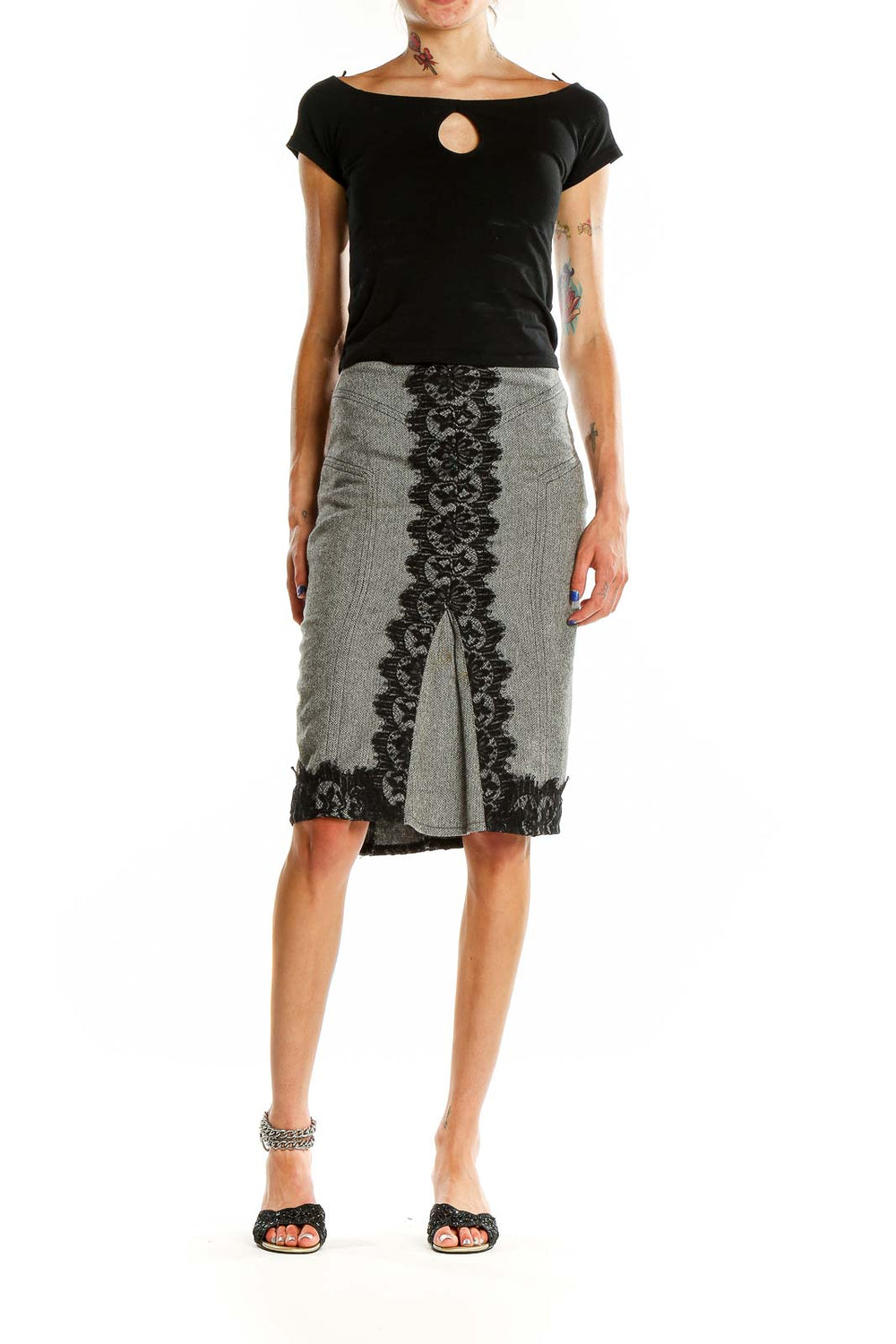 Front view of Karen Millen gray pencil skirt with black lace trim