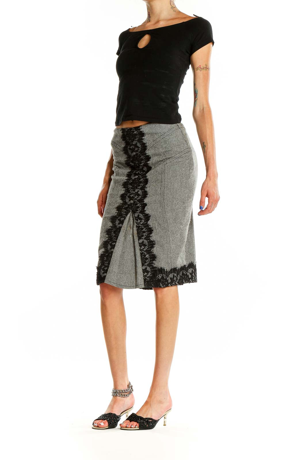 Front view of Karen Millen gray pencil skirt with black lace trim