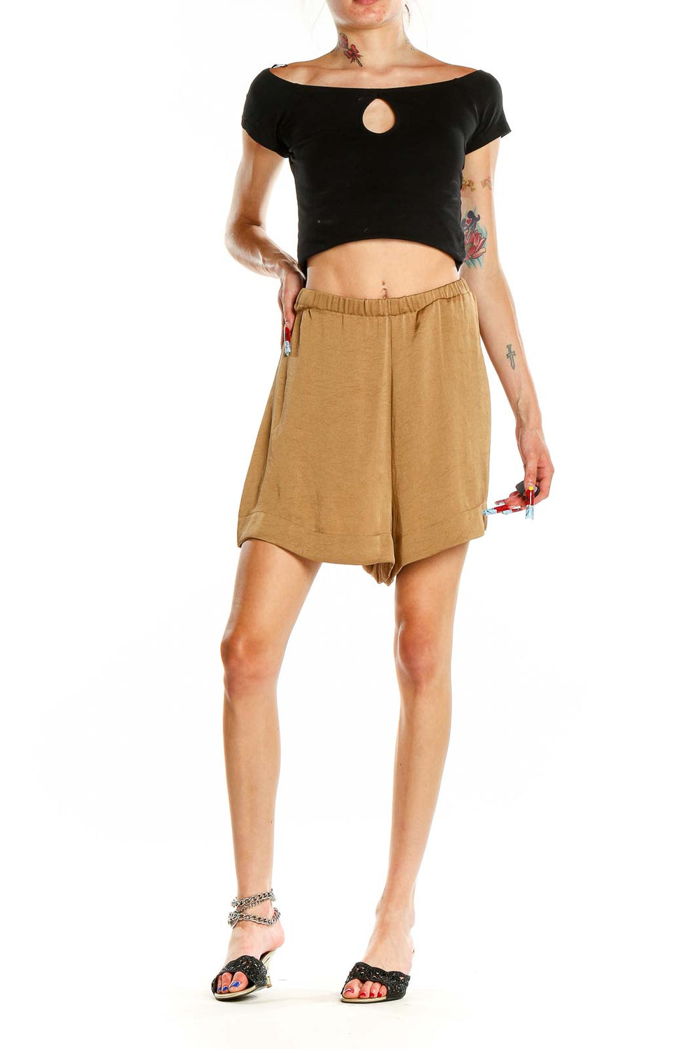 Front view of tan Vince relaxed fit shorts with elastic waistband