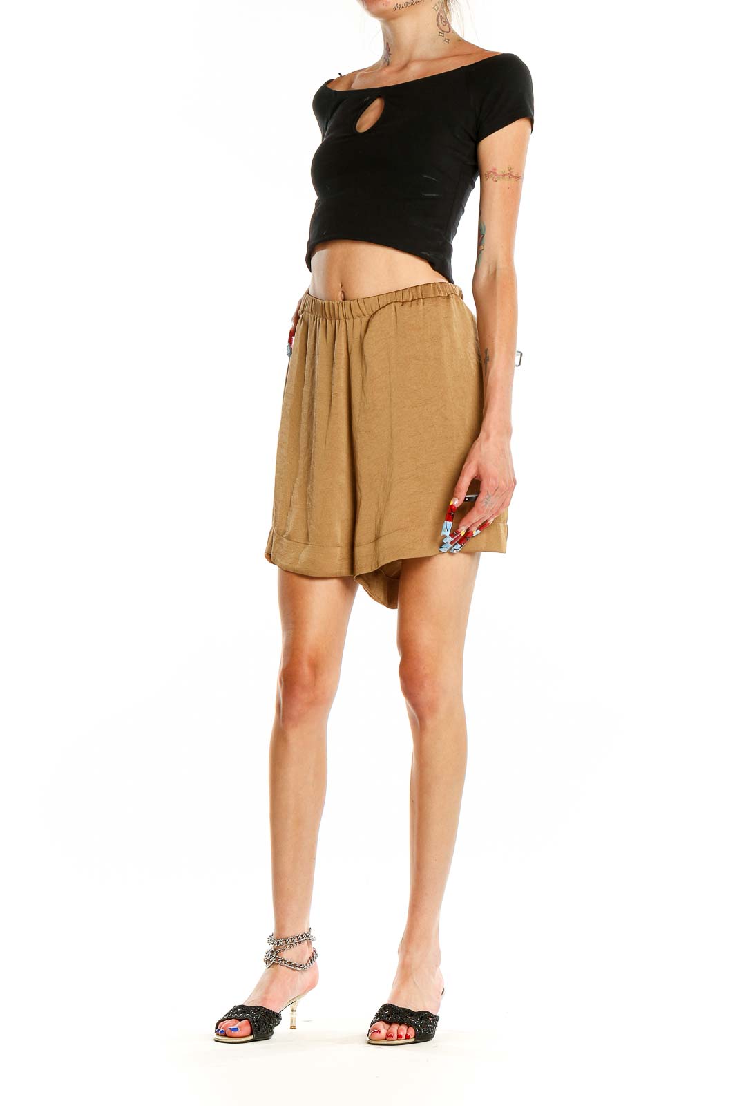 Front view of tan Vince relaxed fit shorts with elastic waistband