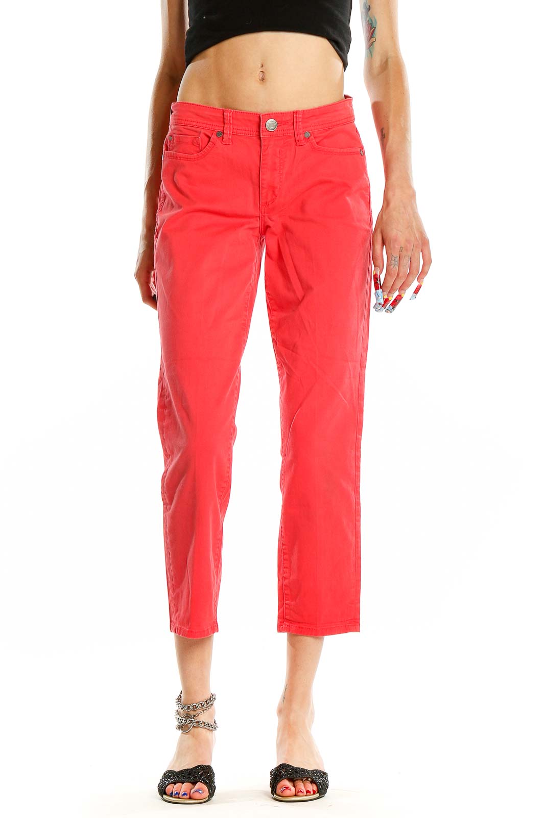 Front view of Calvin Klein red cropped denim jeans