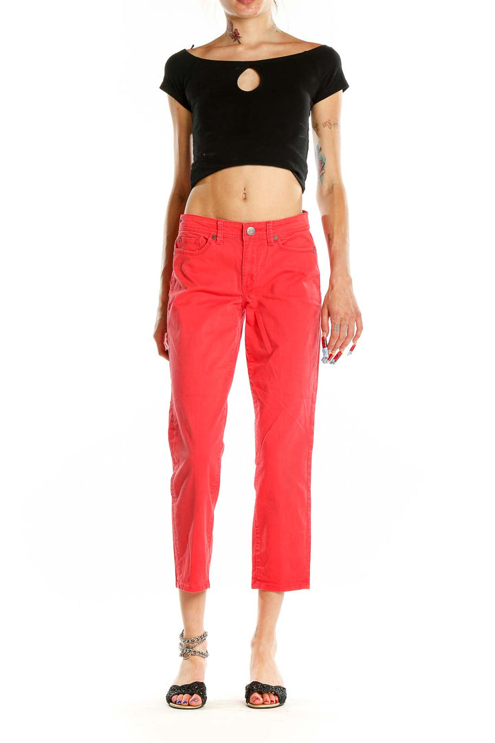 Front view of Calvin Klein red cropped denim jeans