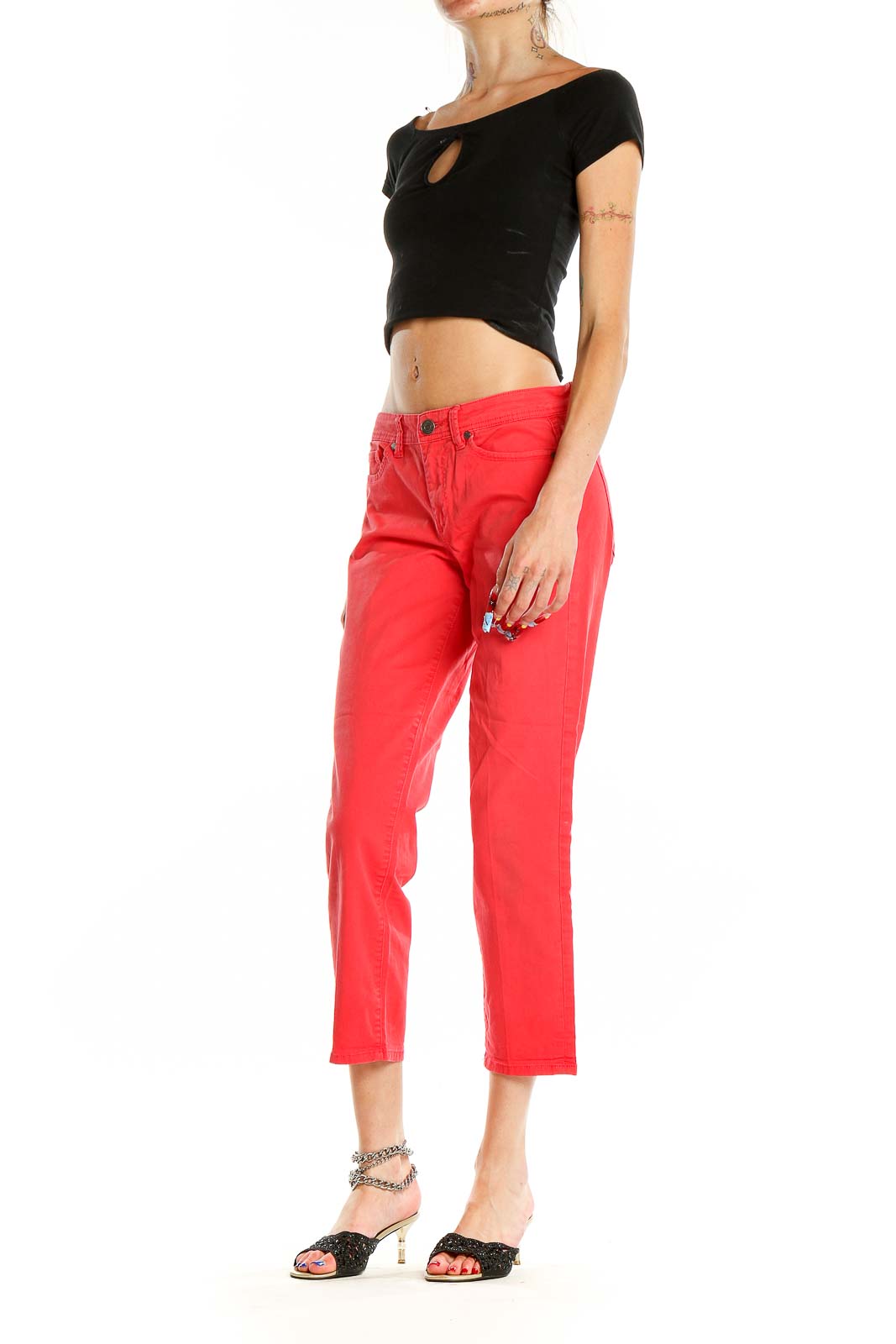 Front view of Calvin Klein red cropped denim jeans